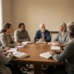 Diverse church group discussing Scripture together around a table