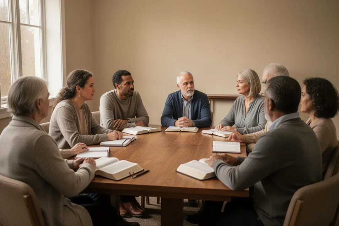Diverse church group discussing Scripture together around a table
