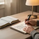 Open Bible and notebook beside a warm lamp during prayer