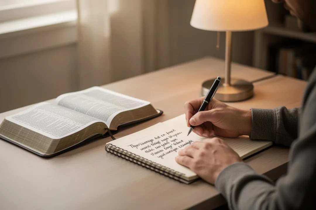Open Bible and notebook beside a warm lamp during prayer