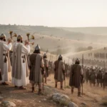 Judahite priests and soldiers overlooking a biblical-era battlefield