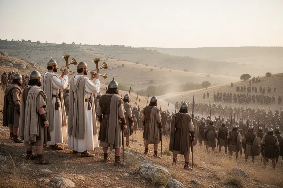 Judahite priests and soldiers overlooking a biblical-era battlefield
