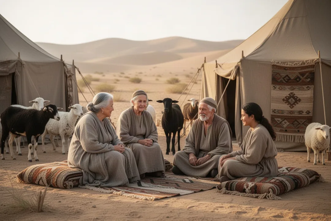 Ancient family gathering representing Abraham’s biblical family tree