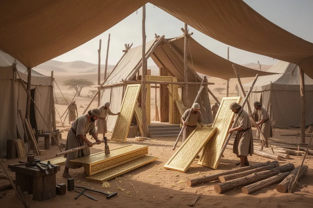 Craftsmen preparing acacia wood for the wilderness tabernacle