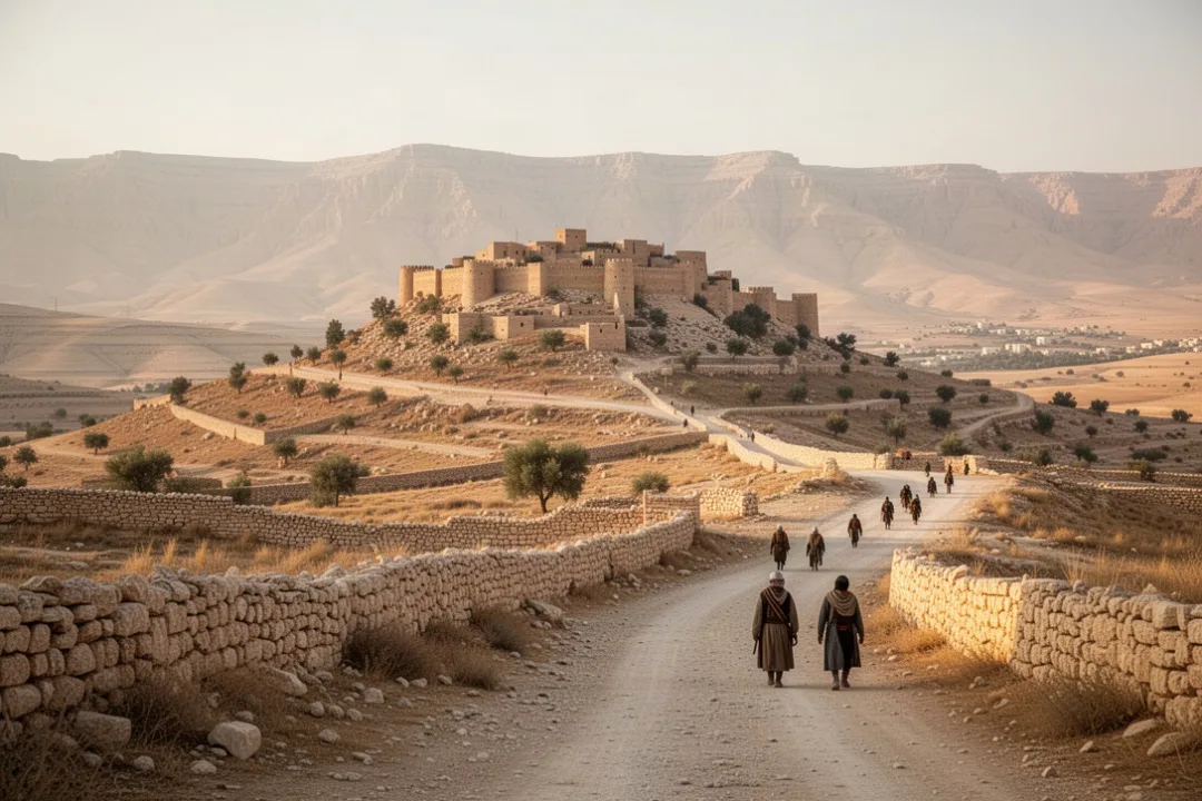 Ancient Ammonite territory with fortified settlement and Jordanian highlands
