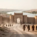 Ancient Nineveh beside the Tigris with travelers and Assyrian walls