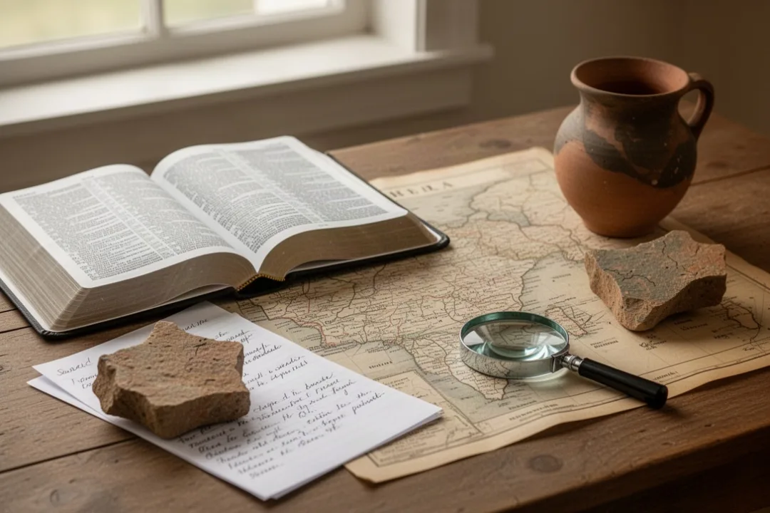 Open Bible and historical study materials beside an ancient map