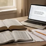Open Bible and concordance beside notes during a home study
