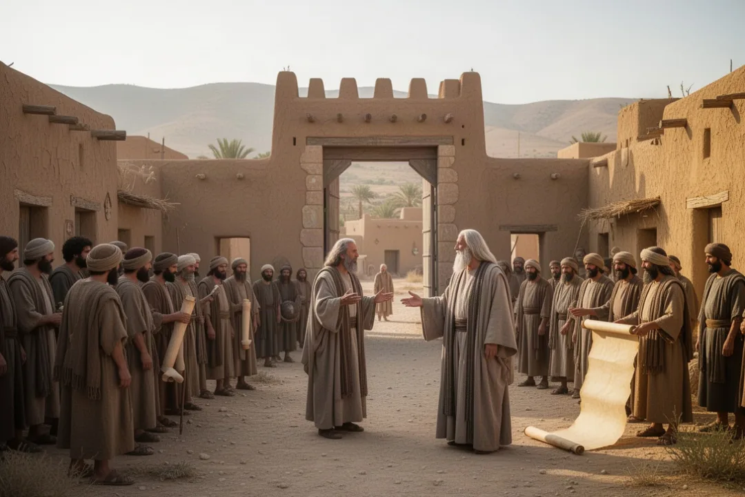 Biblical prophet speaking to villagers near an ancient city gate
