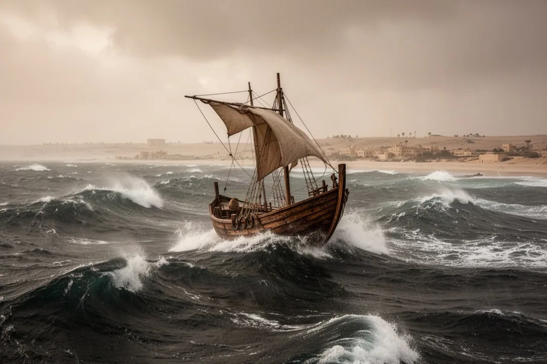 Ancient ship caught in a storm near the coast