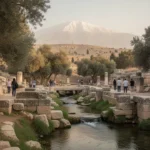 Banias spring and ancient ruins at Caesarea Philippi beneath Mount Hermon