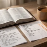 Open Bible and reading plan on a wooden desk