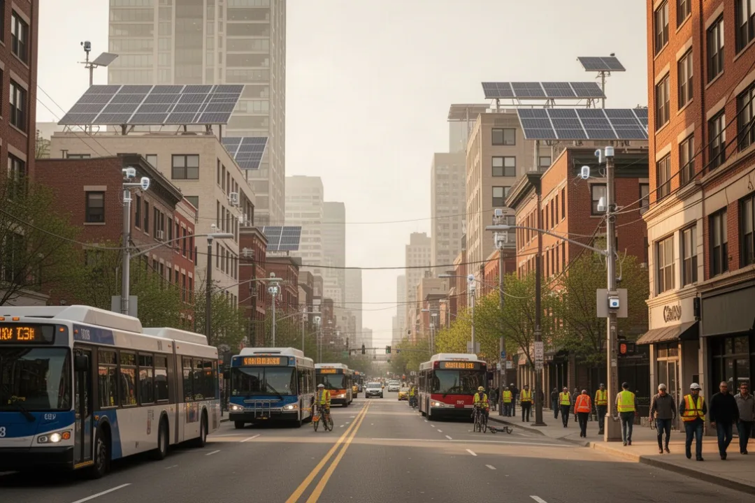 AI-enabled city street with transit, sensors, buildings, and public infrastructure