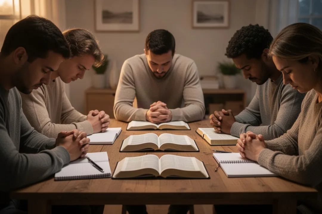 Bible study group praying together around an open Bible