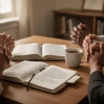Prayer journal and open Bible on a table during group prayer