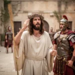 Roman soldiers place a crown of thorns on Jesus