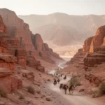 Rugged red mountains and ancient trade route representing biblical Edom