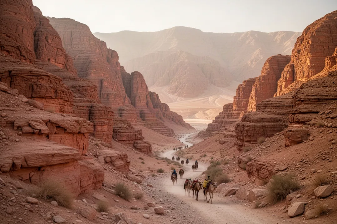 Rugged red mountains and ancient trade route representing biblical Edom