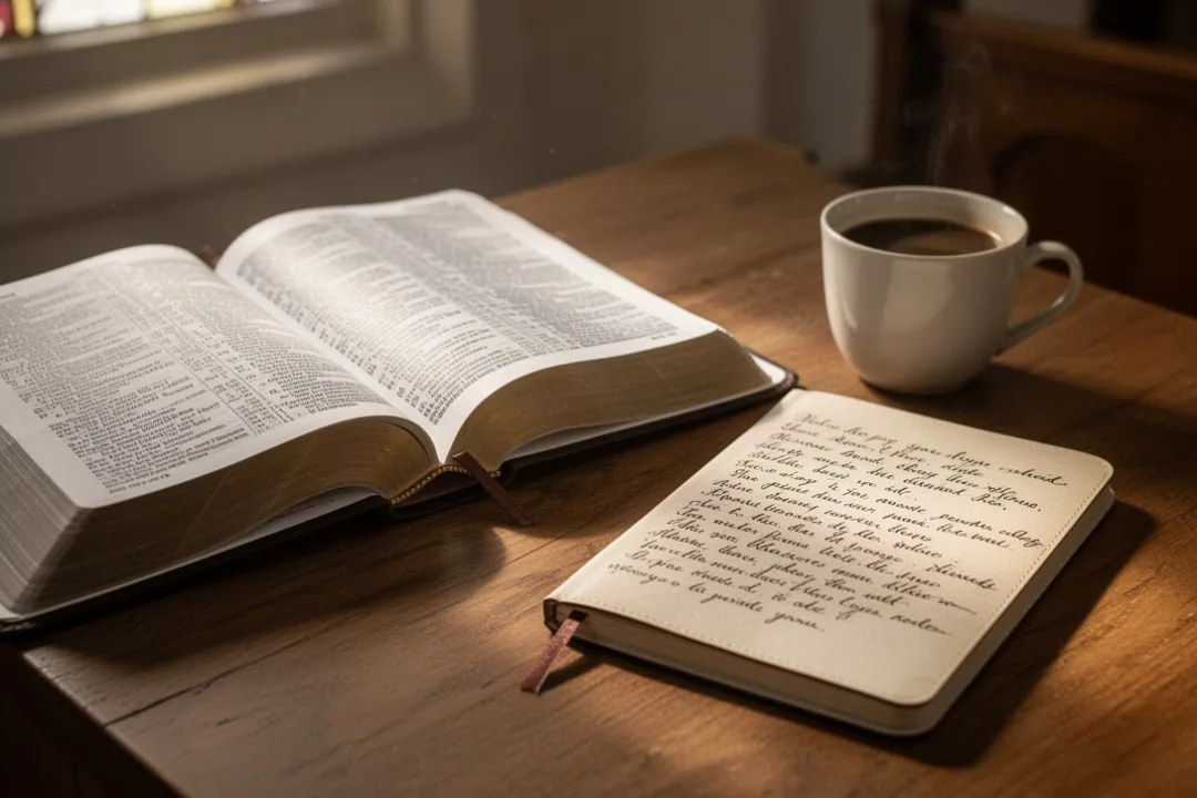 Open Bible and prayer journal representing spiritual understanding and hope