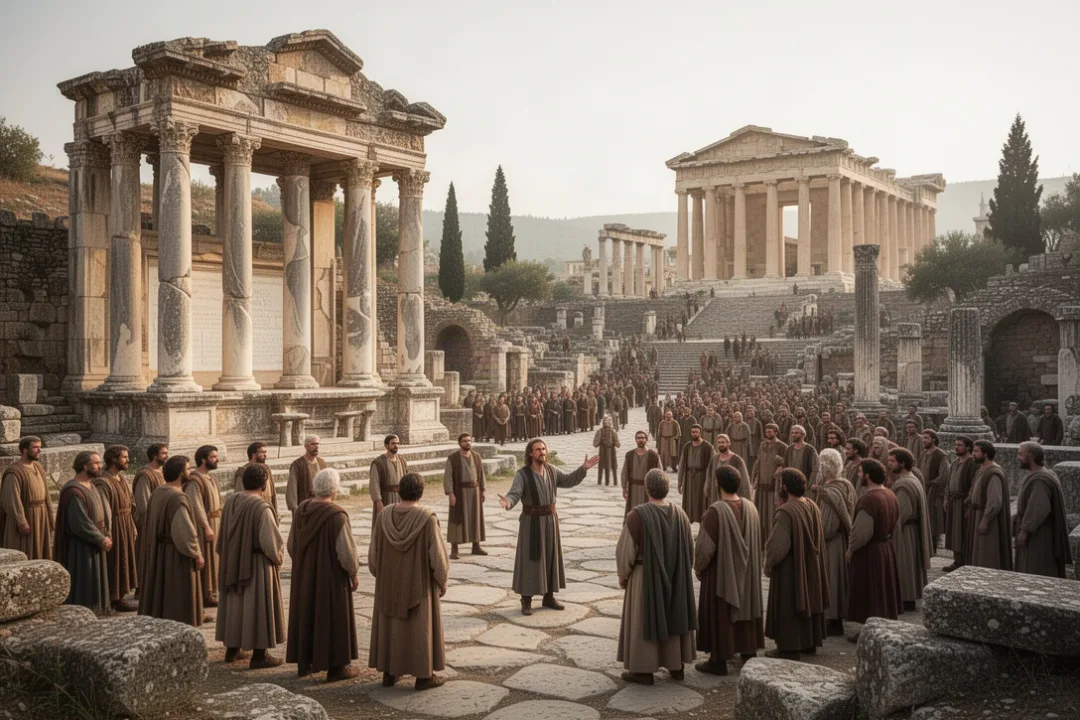 Ancient Ephesus teaching scene near the public lecture hall