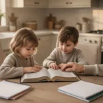 Family reading an Easy-to-Read Version Bible together at home