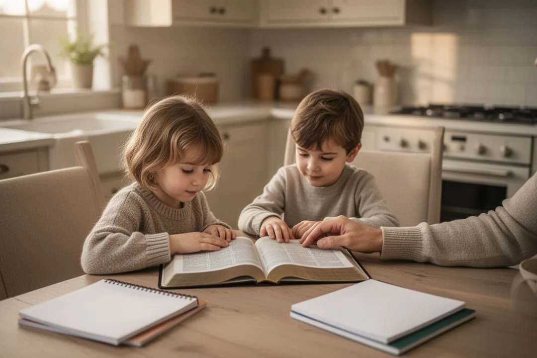 Family reading an Easy-to-Read Version Bible together at home