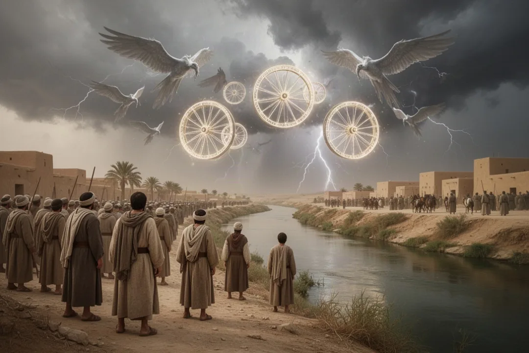 Ezekiel among exiles beside the Chebar canal facing his first vision