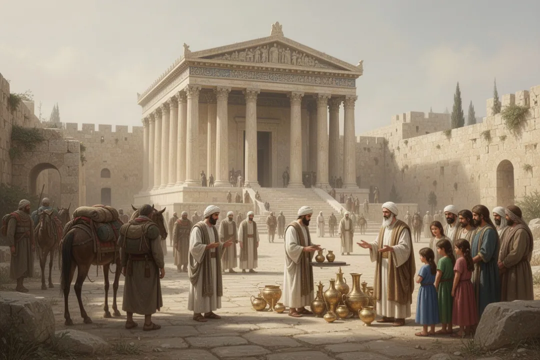 Ezra teaching returned exiles near Jerusalem’s restored temple