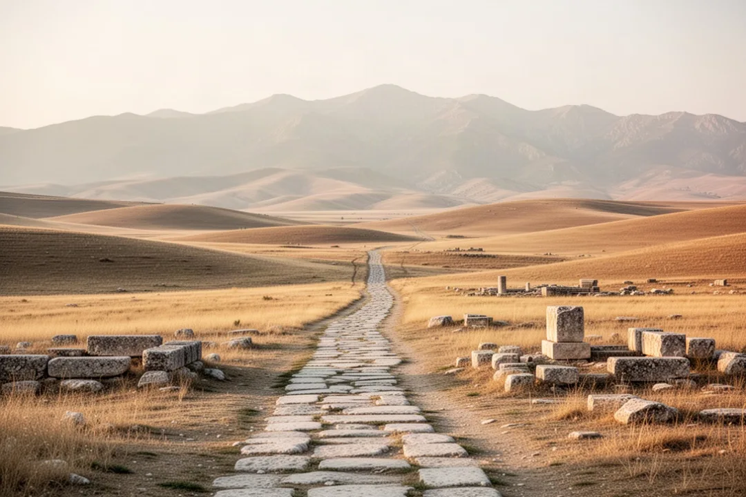 Ancient Galatian landscape across central Anatolia with Roman road remains