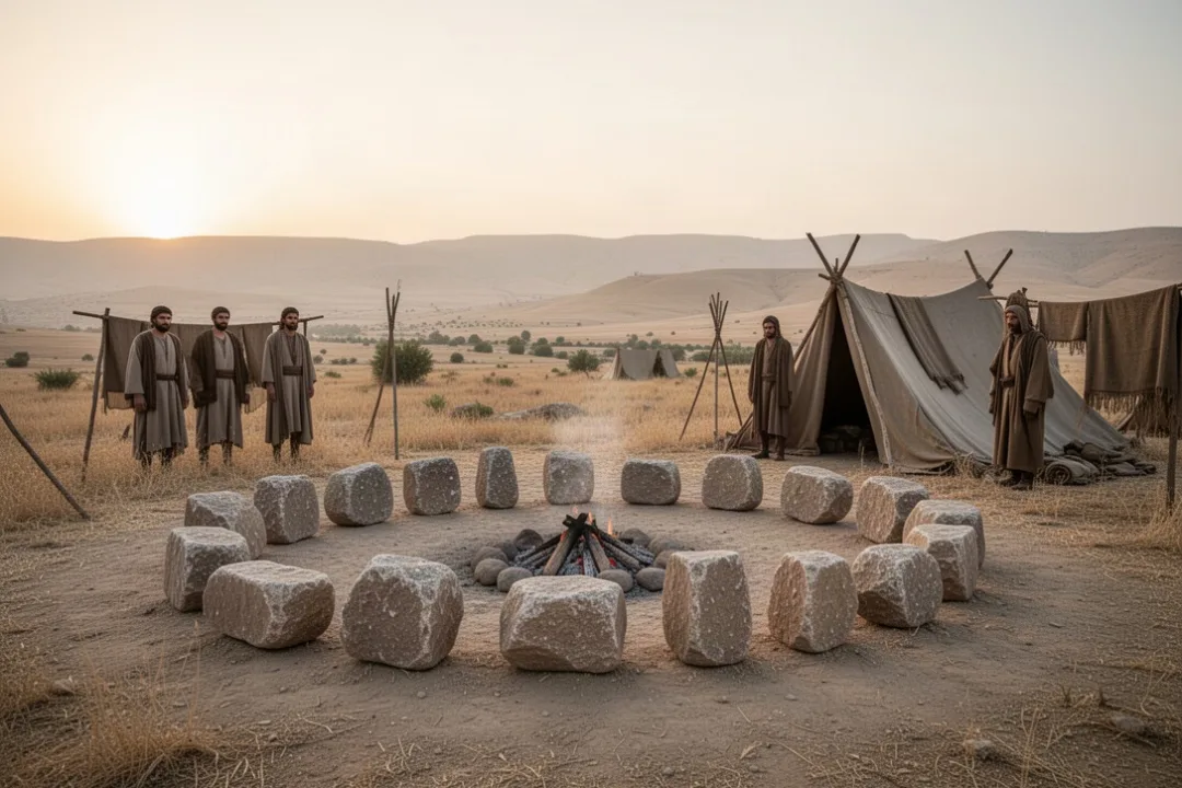 Twelve memorial stones beside an ancient campsite near the Jordan Valley