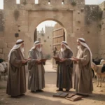 Abraham negotiating with Hittite elders at an ancient city gate