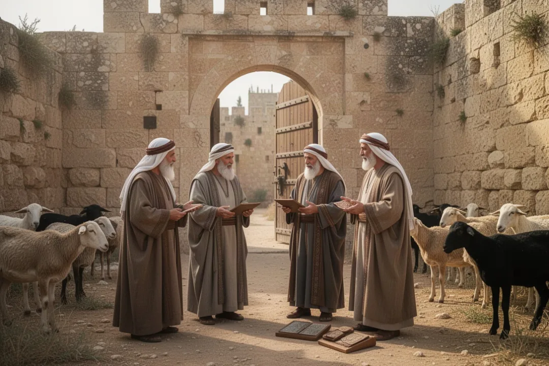 Abraham negotiating with Hittite elders at an ancient city gate