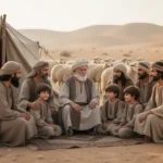 Elderly patriarch with family outside an ancient Near Eastern tent