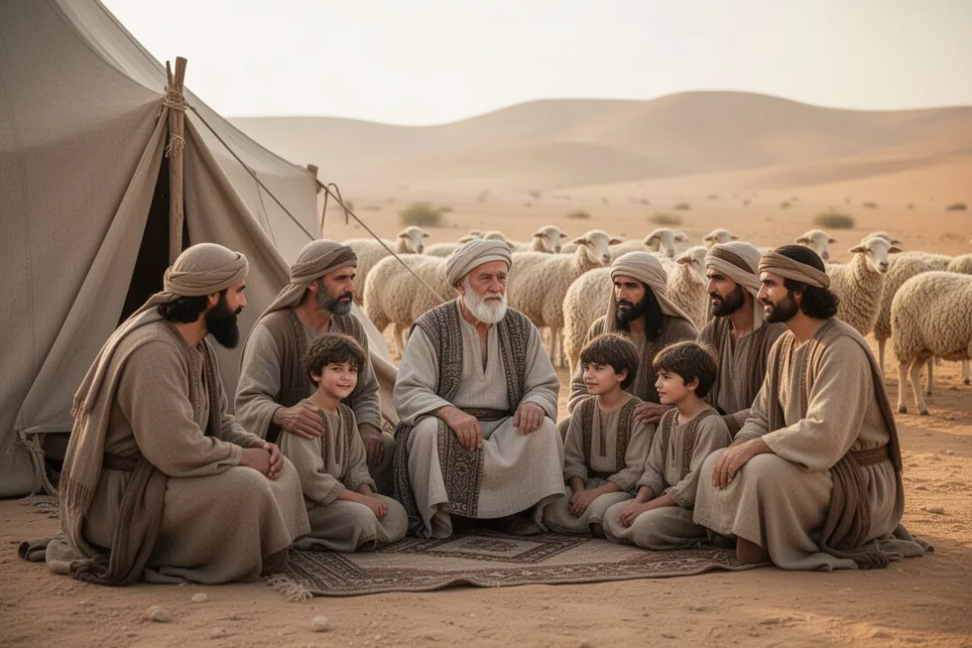 Elderly patriarch with family outside an ancient Near Eastern tent