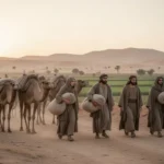 Israelite family departing Egypt with belongings at dawn