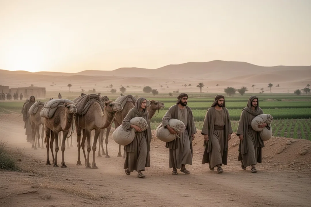 Israelite family departing Egypt with belongings at dawn