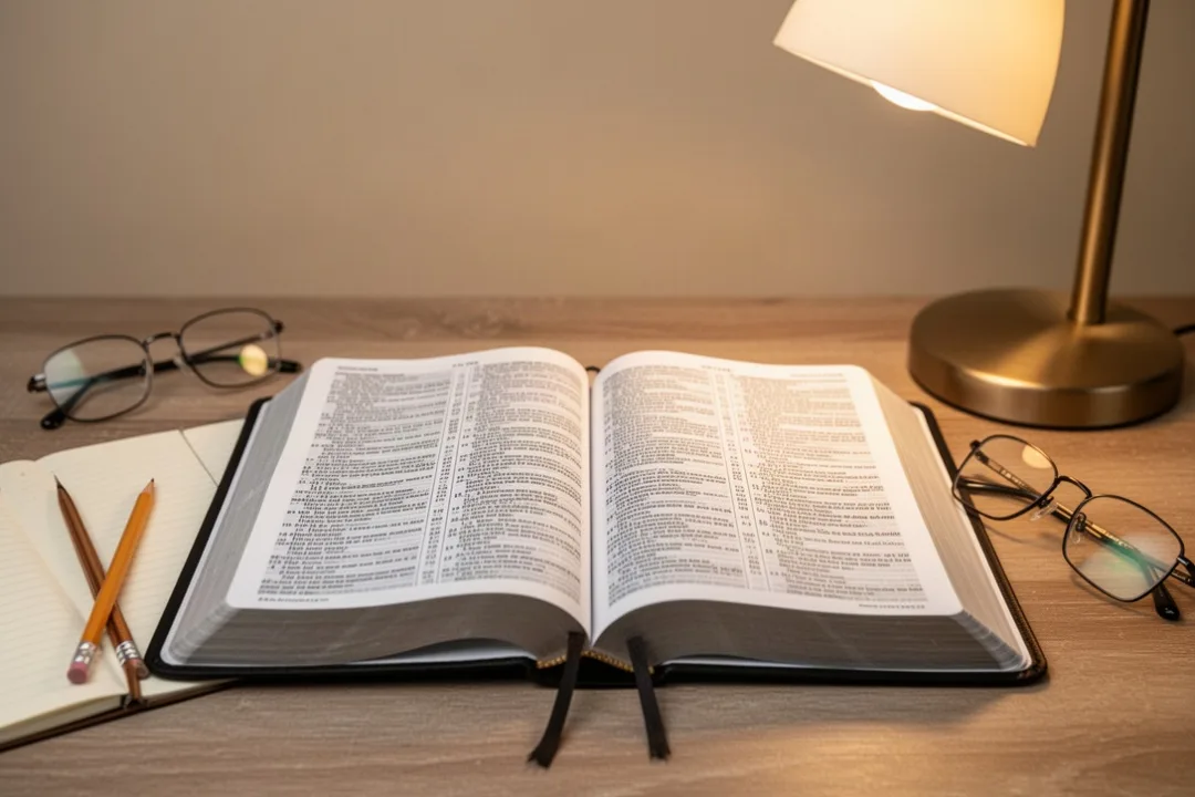 Open parallel Bible with multiple columns beside study notes and reading glasses