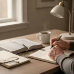 Man studying an open Bible with notes in a quiet home office