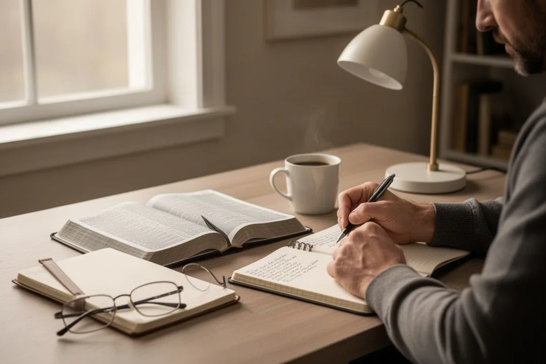 Man studying an open Bible with notes in a quiet home office