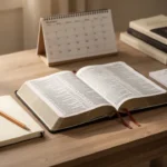 Open Bible with notebook and reading plan on a wooden desk