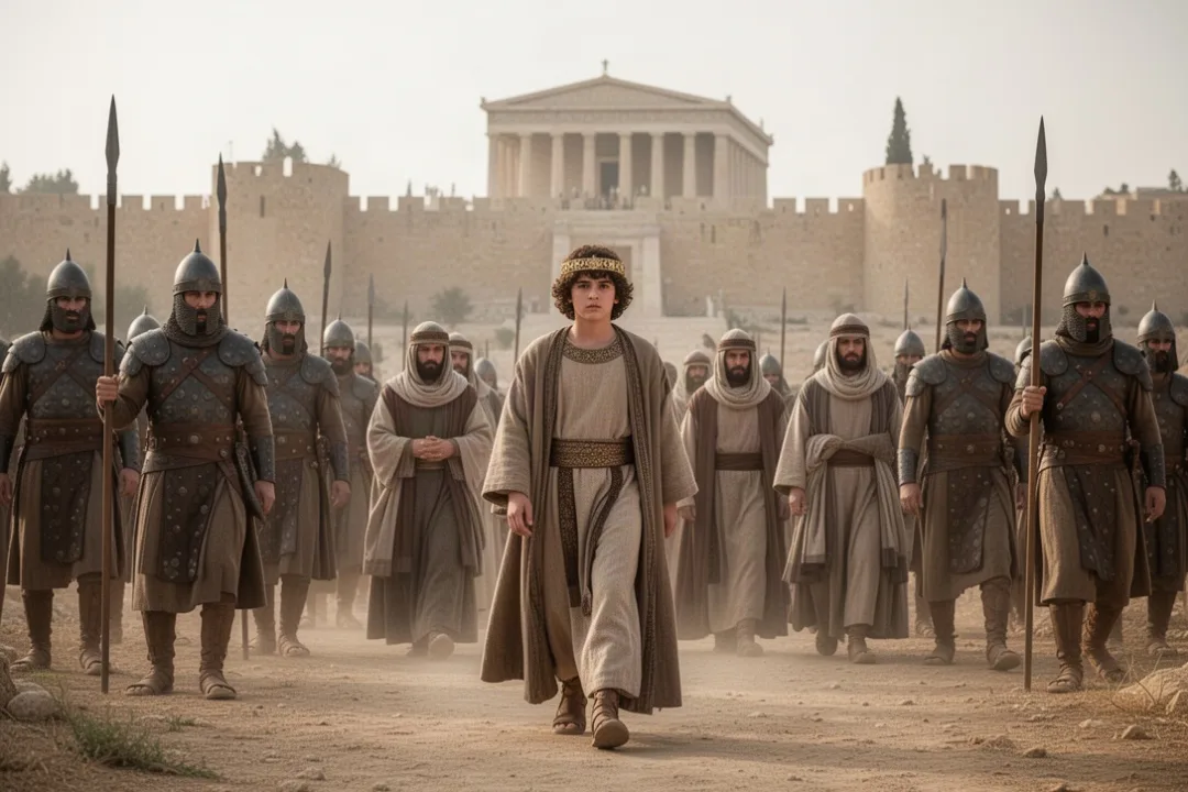 Jeconiah leaving Jerusalem for Babylonian exile with royal household