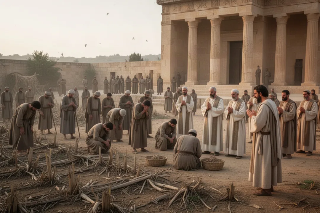 Judahite community praying after a devastating locust plague