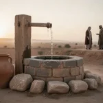 John 4:24: Worshiping in spirit and truth Samaritan woman and Jesus near a rural well at dawn