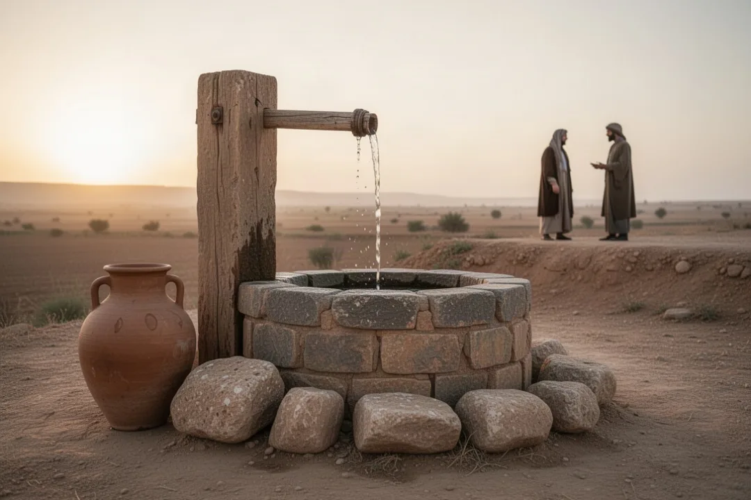 Samaritan woman and Jesus near a rural well at dawn