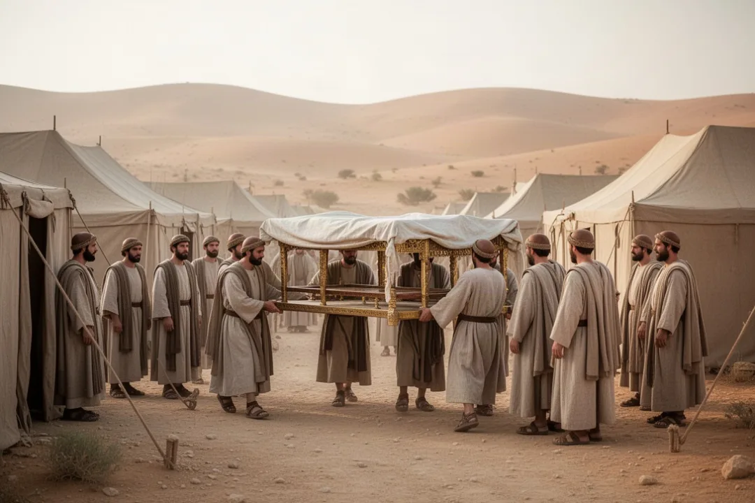 Levites transporting covered tabernacle furnishings through the wilderness