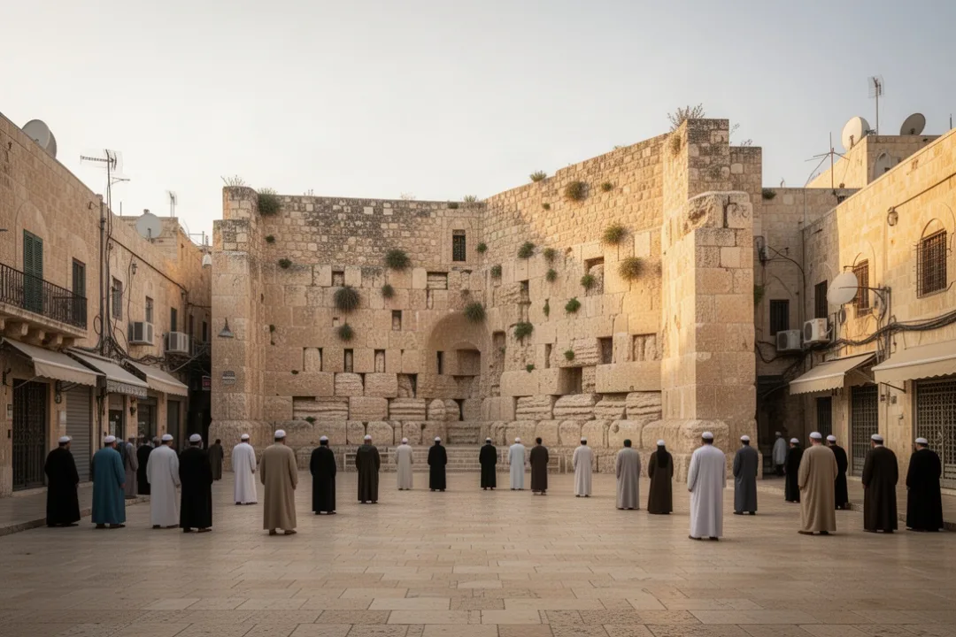 Ancient Machpelah sanctuary enclosure in Hebron with visitors nearby