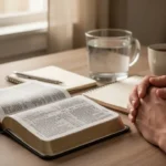 Open Bible and quiet prayer setting beside a sunlit window