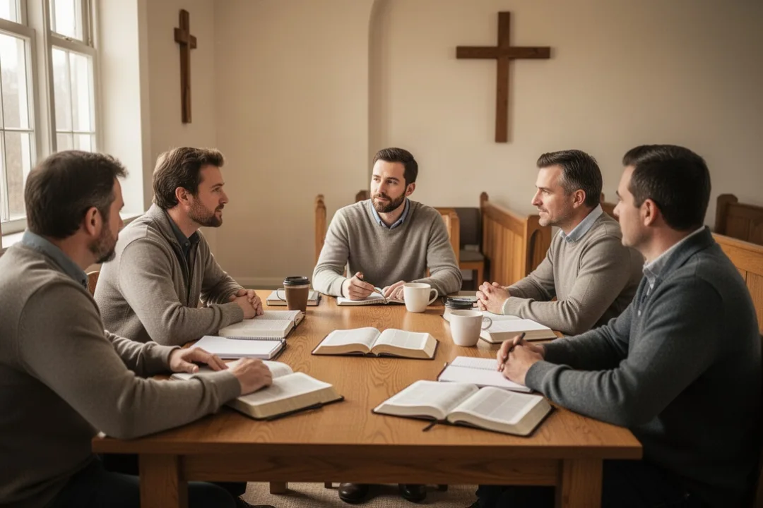 Men discussing Scripture around a table with open Bibles and notebooks