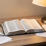 Open MEV Bible beside study notes and reading glasses