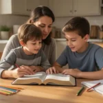 Parent and child reading an accessible Bible together at a kitchen table